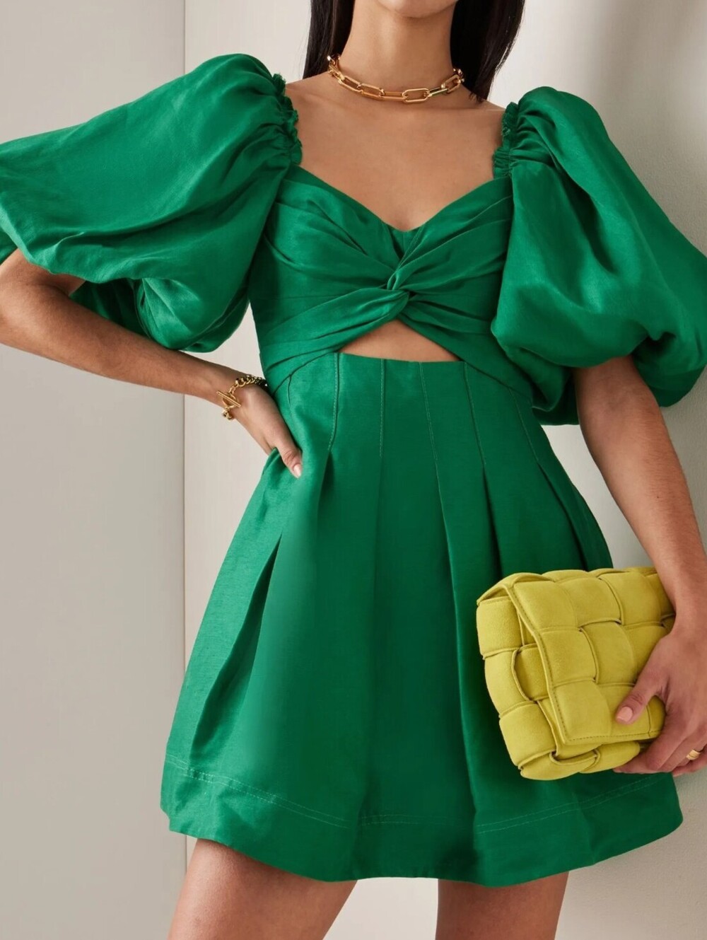 Aje Emerald Green Dusk Linen Blend Knot Puff Sleeve Mini Dress - Size - 4